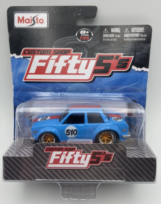 Maisto Custom Shop Fifty5's 1972 Datsun 510 Light Blue Red Stripe