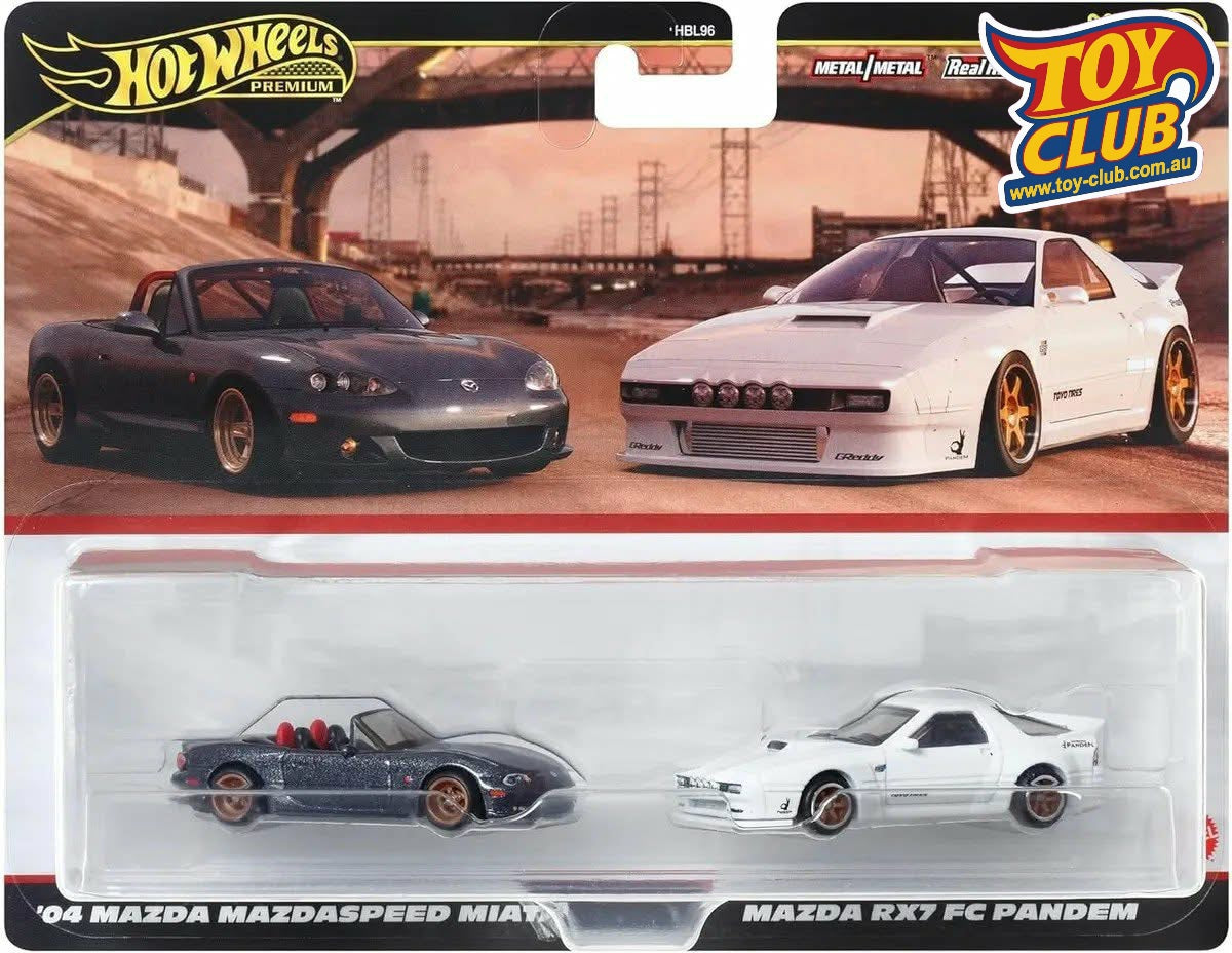 Hot Wheels - Car Culture - Twin Pack '04 Mazda Mazdaspeed Miata / Mazda RX7 FC Pandem - Real Riders Metal/Metal